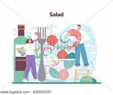 Fresh Salad In A Bowl. Peopple Cooking Organic And Healthy Food.