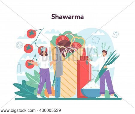 Shawarma Street Food Concept. Chef Cooking Delicious Roll With Mea