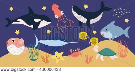Vector Set Of Fish: Octopus, Hedgehog Fish, Sawfish, Exotic Fish, Killer Whale, Whale, Crab, Shark. 