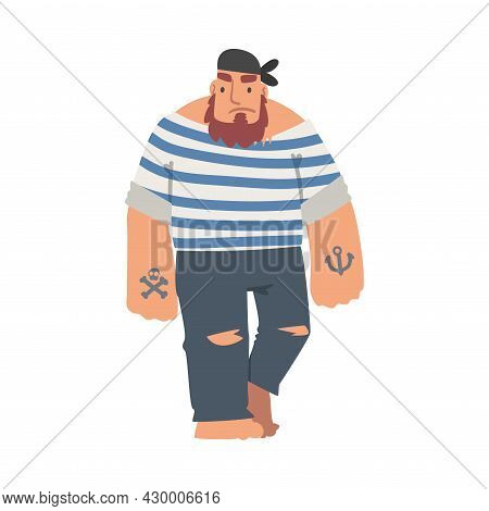 Bearded Brutal Man Pirate Or Buccaneer Character In Striped Vest And Tattooed Arm As Marine Robber V