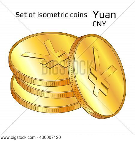 Set Of Gold Digital Coins In Stack Yuan Cny In Isometric View Isolated On White. Vector Illustration