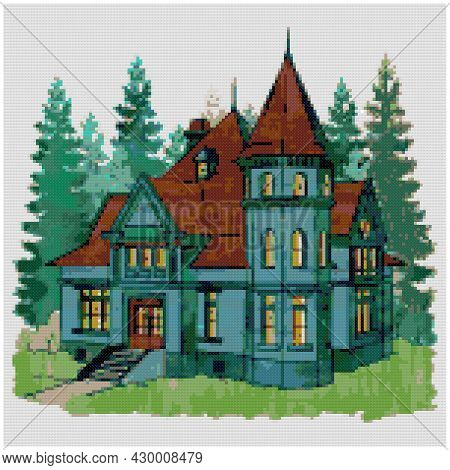 Romantic House With Gothic And Renaissance Elements In The Forest. Illustration Of Cross Stitch Embr