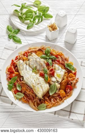 Acqua Pazza, Italian Poached Fish In A Tomato And White Wine Based Sauce With Fennel, Herbs And Cris