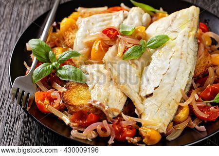 Acqua Pazza, Italian Poached Fish In A Tomato And White Wine Based Sauce With Fennel, Herbs And Cris