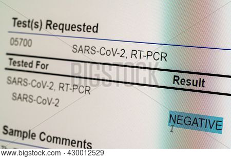 Computer Screen Showing A Negative Result For Pcr Test On Nasal Swab For Sars-cov-2 Or Covid-19
