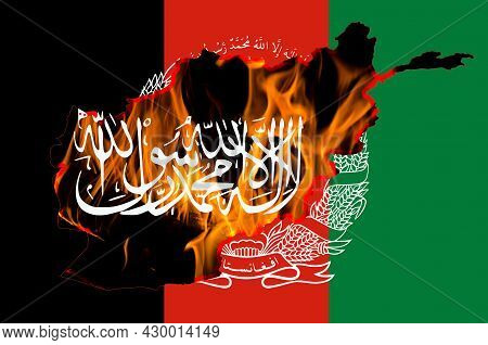 Afghanistan Flag, Taliban Insignia And Country Outline Map With Burning Fire Background. Afghanistan