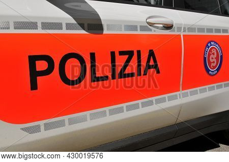 Bellinzona, Ticino, Switzerland - 17th May 2021 : Close Up Of Polizia Città Bellinzona (police City 
