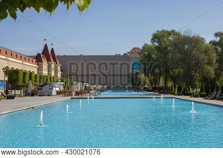 Moscow, Russia - August 15, 2021: Dream Island Amusement Park. Fountain - Swimming Pool, Relaxation 