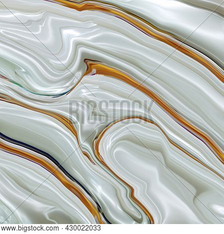 Abstract Bright Fluid White Background With Gold. Art Trippy Digital Backdrop. Curved Shapes Illustr