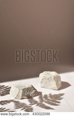 Stone Podium For The Presentation Of Goods And Cosmetics. A Showcase With A Stage For Natural Produc
