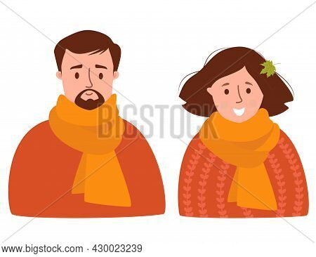 Portrait Of Couple Of Man And Girl. Pretty Woman With A Hairstyle With An Autumn Maple Leaf And Man 