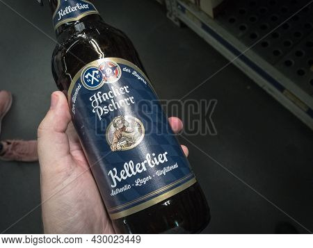Belgrade, Serbia - April 22, 2021: Hacker Pschorr Beer Logo On A Lager Beer Bottle Of Their Producti