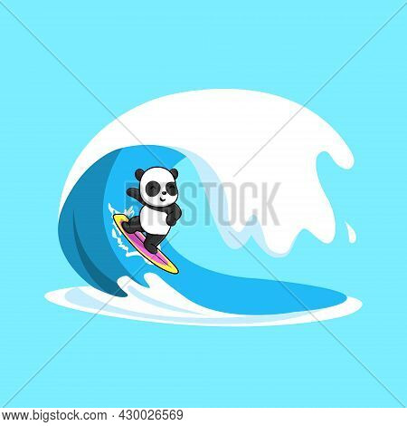 Cute Panda Surfing In The Sea Cartoon Vector Icon Illustration. Food Holiday Icon Concept Isolated P
