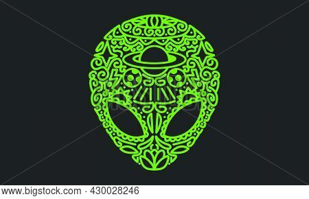 Alien Face Head With Shipibo Pattern Galaxy Design Neon Color For Shirt Design Or Wallpaper