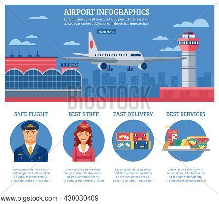 Airport Infographics Design Template With Description Of Safe Flight Best Stuff Fast Delivery And Be