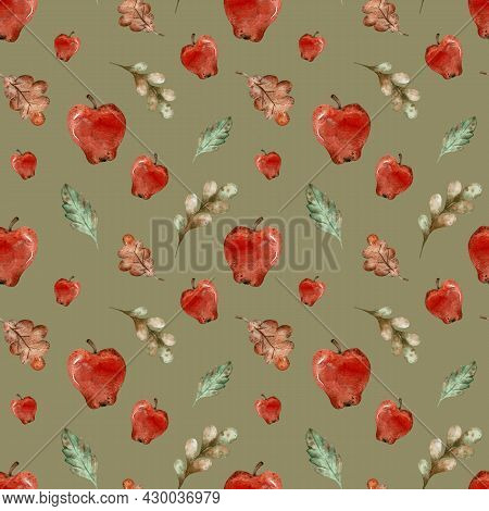 Watercolor Fall Background. Red Cartooon Style Apples, Green And Orange Leaves. Harvest Concept. Aut