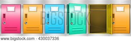 Row Of Locker Cabinets With Colored Compartments For Storage Room, Office, School Or Gym. Vector Rea