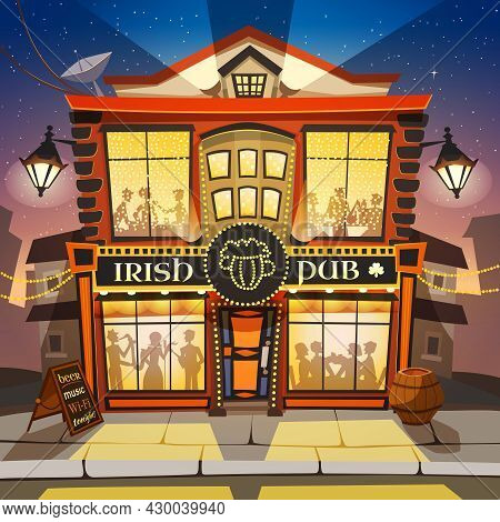 Irish Pub Cartoon Background.  Irish Pub Building Vector Illustration.  Irish Pub Design. Irish Pub 
