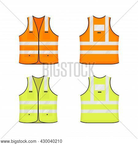 Safety Reflective Vest Icon Sign Flat Style Design Vector Illustration Set. Orange And Yellow Fluore