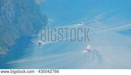 Sunnylvsfjorden, Norway. Touristic Ship Ferry Boat Floating Through Waters Of Sunnylvsfjorden In Spr