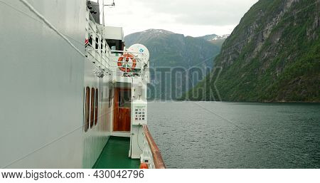 Sunnylvsfjorden, Norway. Touristic Ship Ferry Boat Floating Through Waters Of Sunnylvsfjorden In Spr