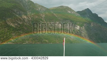 Sunnylvsfjorden, Norway. Colorful Rainbow Above Sunnylvsfjorden Spring Landscape. View From Floating