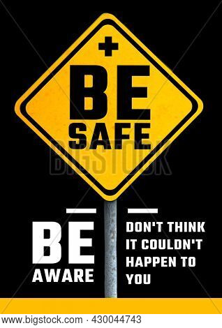 Composition of accident awareness text over warning sign on black background. accident prevention communication concept digitally generated image.