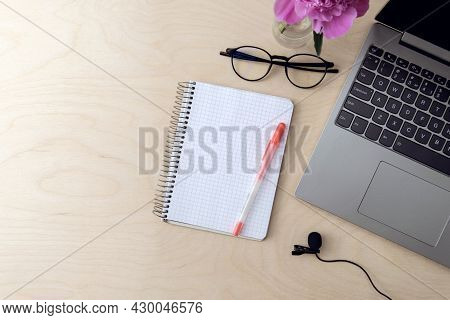 Desk With Computer, Notebook, Microphone For Podcast Recording, Training, Education.  Concept For On