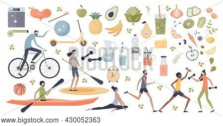 Healthy Lifestyle With Daily Fitness Workout And Fruit With Vegetables Diet Habits Tiny Person Colle