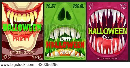 Halloween Party Vector Flyers With Monster Mouths. Happy Halloween Horror Night Event Invitation Pos