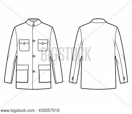 Mao Jacket Technical Fashion Illustration With Oversized, Classic Collar, Flap Pockets, Long Sleeves