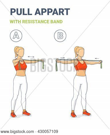 Girl Doing Pull Appart Home Workout Exercise With Resistance Band Rubber Equipment Guidance.