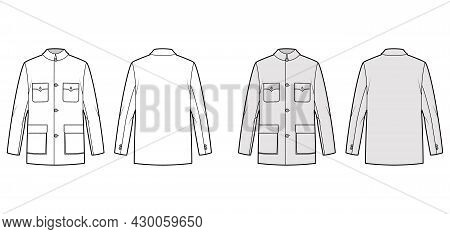 Mao Jacket Technical Fashion Illustration With Oversized, Classic Collar, Flap Pockets, Long Sleeves