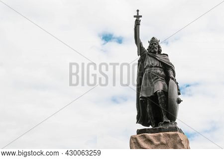 Winchester, United Kingdom, 10th August 2021:- A Statue Of King Alfred The Great, King Of The West S