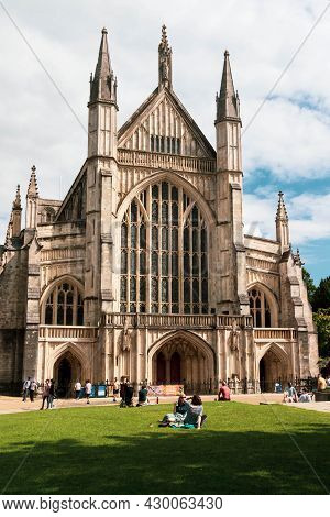 Winchester, United Kingdom, 10th August 2021:- The Entrance To Winchester Cathedral