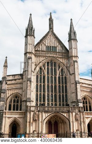 Winchester, United Kingdom, 10th August 2021:- The Entrance To Winchester Cathedral