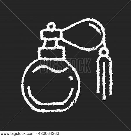 Vintage Perfume With Pump Chalk White Icon On Dark Background. Antique Scent Bottle. Classic Design 