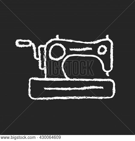 Antique Sewing Machine Chalk White Icon On Dark Background. Older Device For Stitching Material. Col