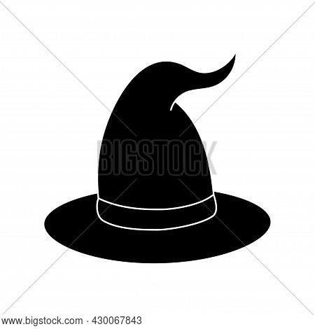 Witch Hat Vector Illustration In Simple Style. Hand Drawn Wizard Cap For Holiday Halloween. Black Ic
