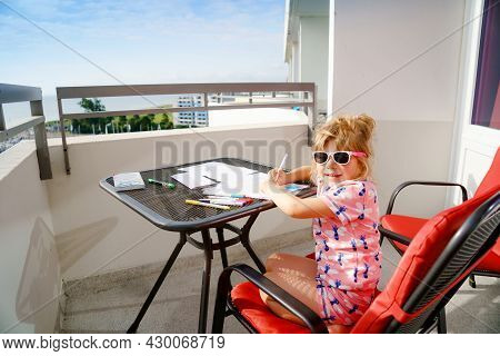 Happy Preschool Girl Learning Painting With Colorful Pencils And Felt Pens. Little Toddler Drawing A
