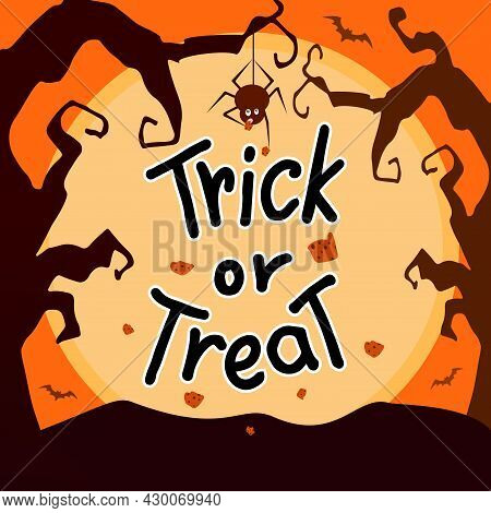 Trick Or Treat, Black Letters, Spider, Cookies, Twisted Trees, Bats, Yellow Sunset In The Background