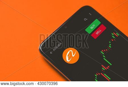 Ufa, Russia - August 17, 2021: Stock Market Chart On Smartphone, Alibaba Group Stock