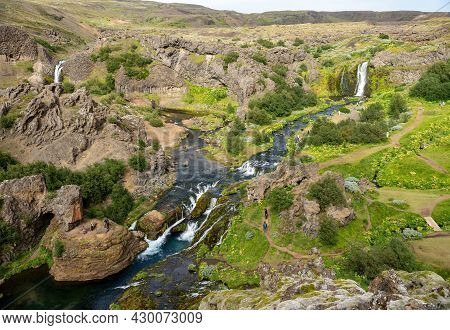 Hjalparfoss; Iceland - July 29, 2017: Scenic Landscape Of Hjalparfoss On The South Of Iceland