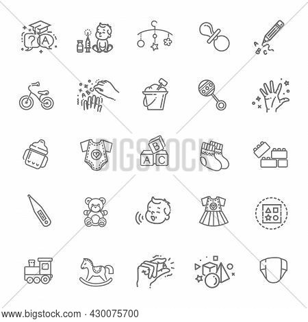 Outline Web Icon Set. Baby Toys, Feeding And Care