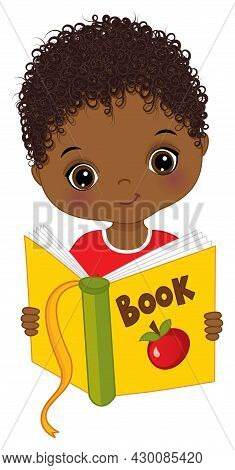 Cute Little Black Boy Reading Book. Vector Back To School. Little African American Boy Is Curly. Lit