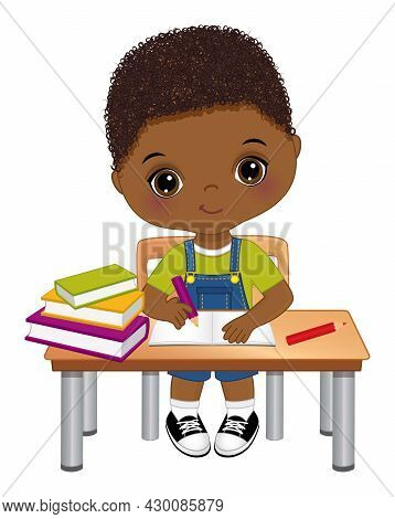 Cute Little Black Boy Sitting At Desk And Writing. Vector Back To School. Little African American Bo