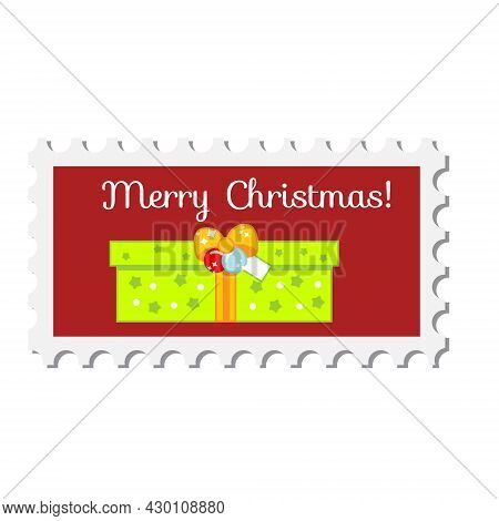 Chiristmas Postal Stamp With Gift Box. New Year Postage Symbol. Vector Icon For Winter Holidays Desi