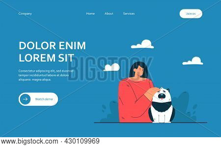 Cartoon Woman Stroking Happy Dog. Flat Vector Illustration. Female Owner Showing Tenderness To Her P