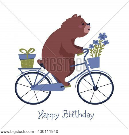 Happy Birthay Card With A Bear On A Bike Carrying A Present And Flowers.
