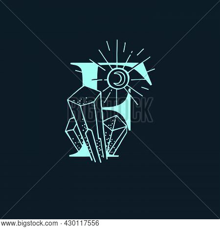 F Letter Logo In The Astrological Style. Hand Drawn Monogram For Magic Postcards, Medieval Style Pos